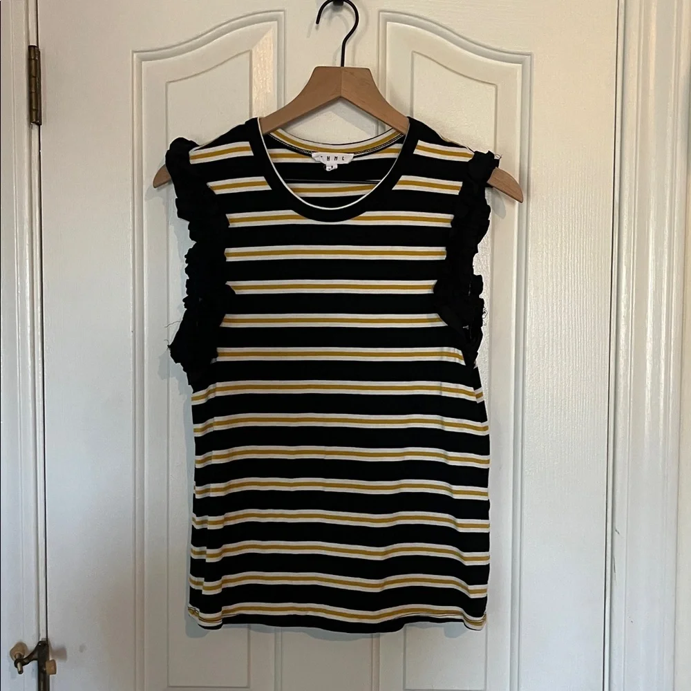 THML | Black/White/Yellow Striped Round‎ Neck Ruffle Sleeveless Top Small